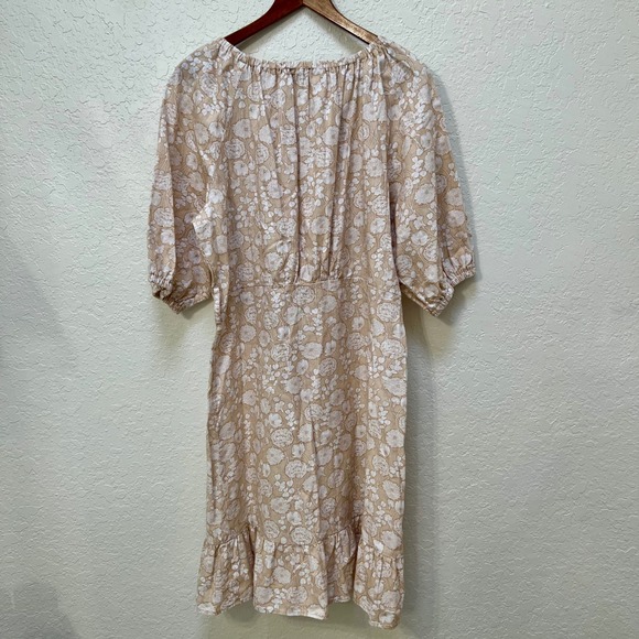 Saks Fifth Avenue Women's Beige Floral Print Linen Cotton Puff Sleeve Midi Dress - Picture 9 of 9